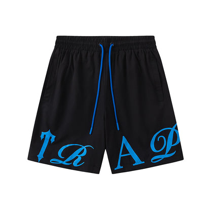 Unisex Graphic Drawstring Shorts, Elastic Waist Pockets, Casual Streetwear