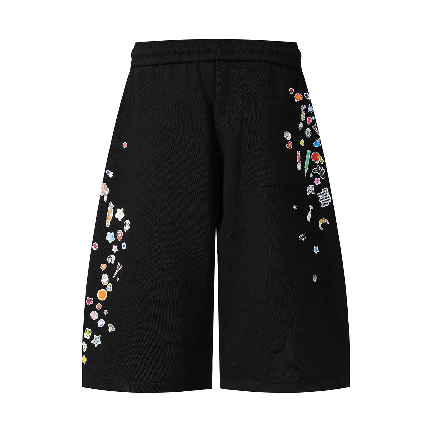 Kawaii sticker print fleece shorts black back view