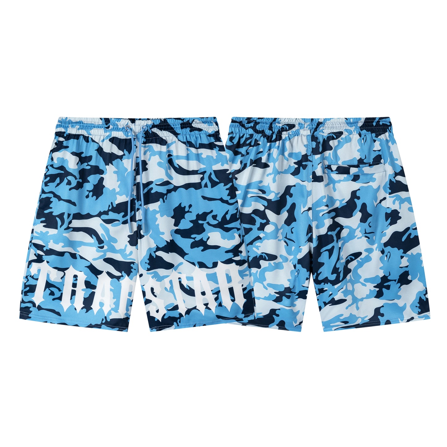 Blue camouflage drawstring shorts with white hem graphic and elastic waist - view 1