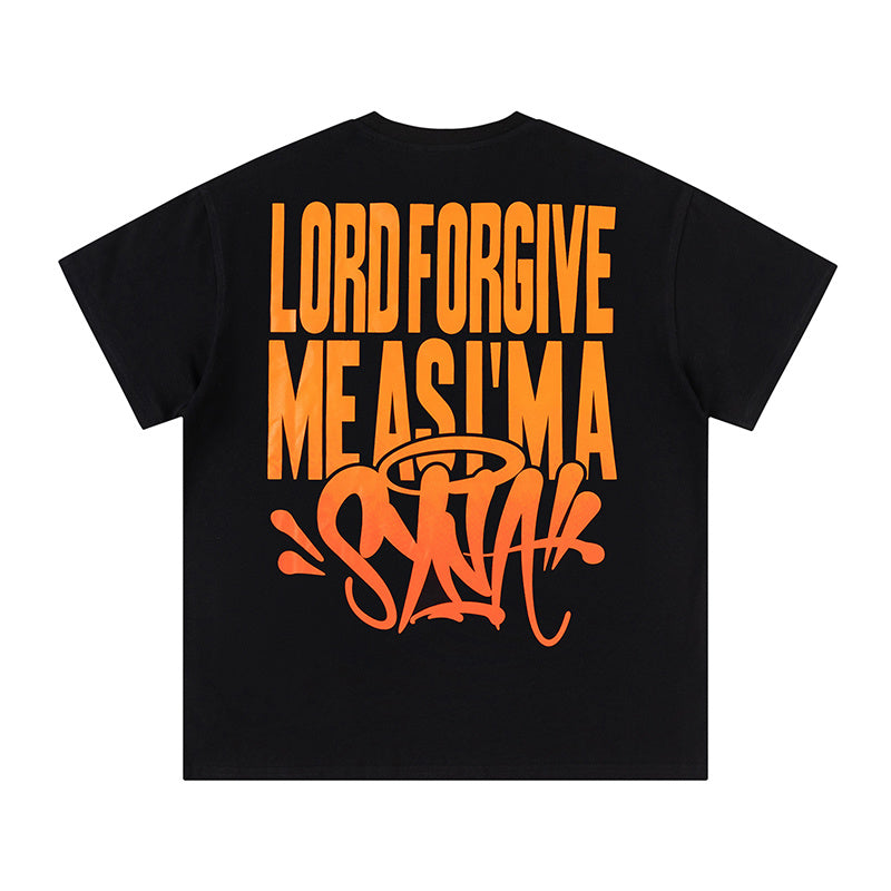 Unisex white graphic T-shirt with red graffiti-style print and black illustrated front graphic - view 1