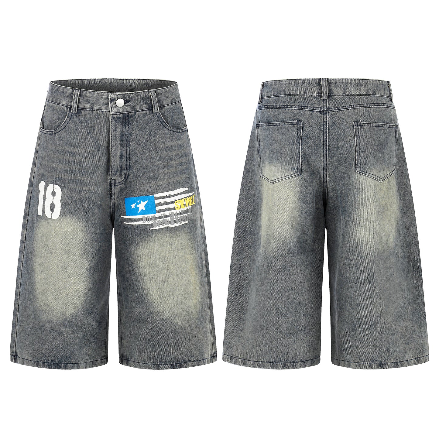 Number 18 Star Flag Print Wide Leg Denim Shorts - Front and Back