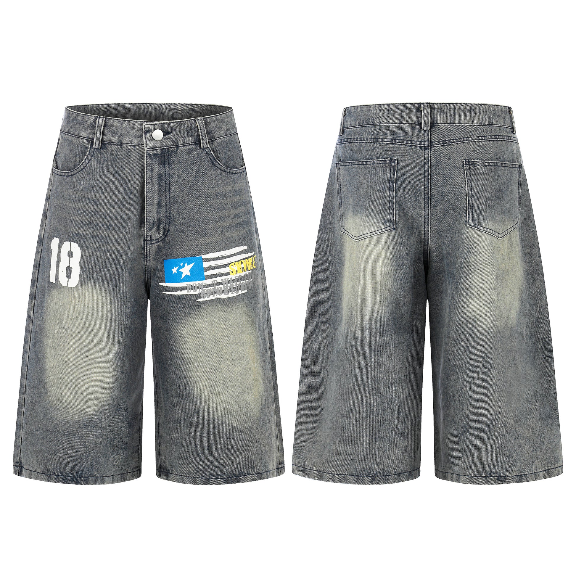 Number 18 Star Flag Print Wide Leg Denim Shorts - Front and Back