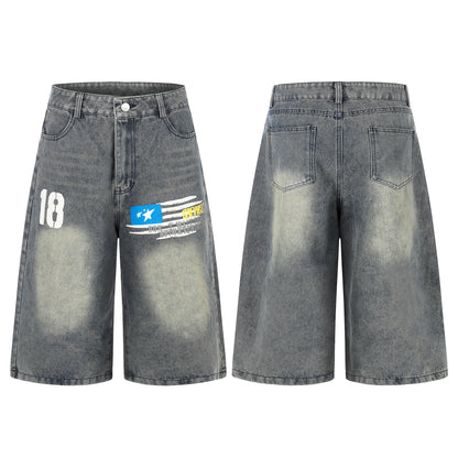 Number 18 Star Flag Print Wide Leg Denim Shorts High Waist Washed Vintage Streetwear Summer Casual Shorts
