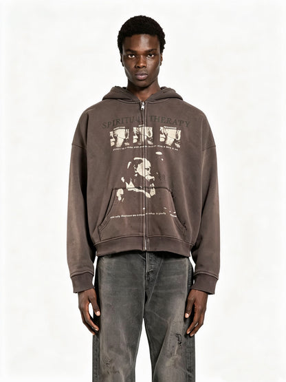 Spiritual Therapy Zip Up Hoodie - Washed Black
