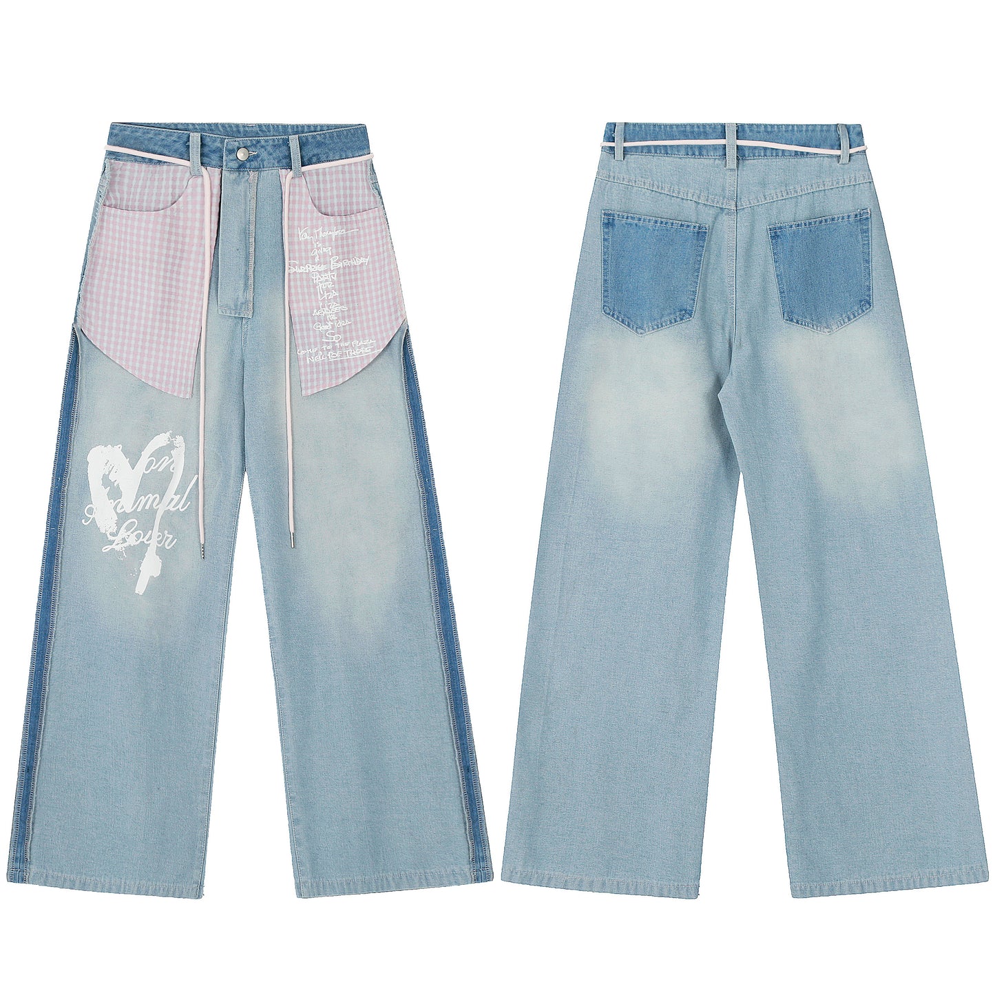 Pink Stripe Patchwork Heart Print Wide Leg Jeans - Light Blue Front and Back