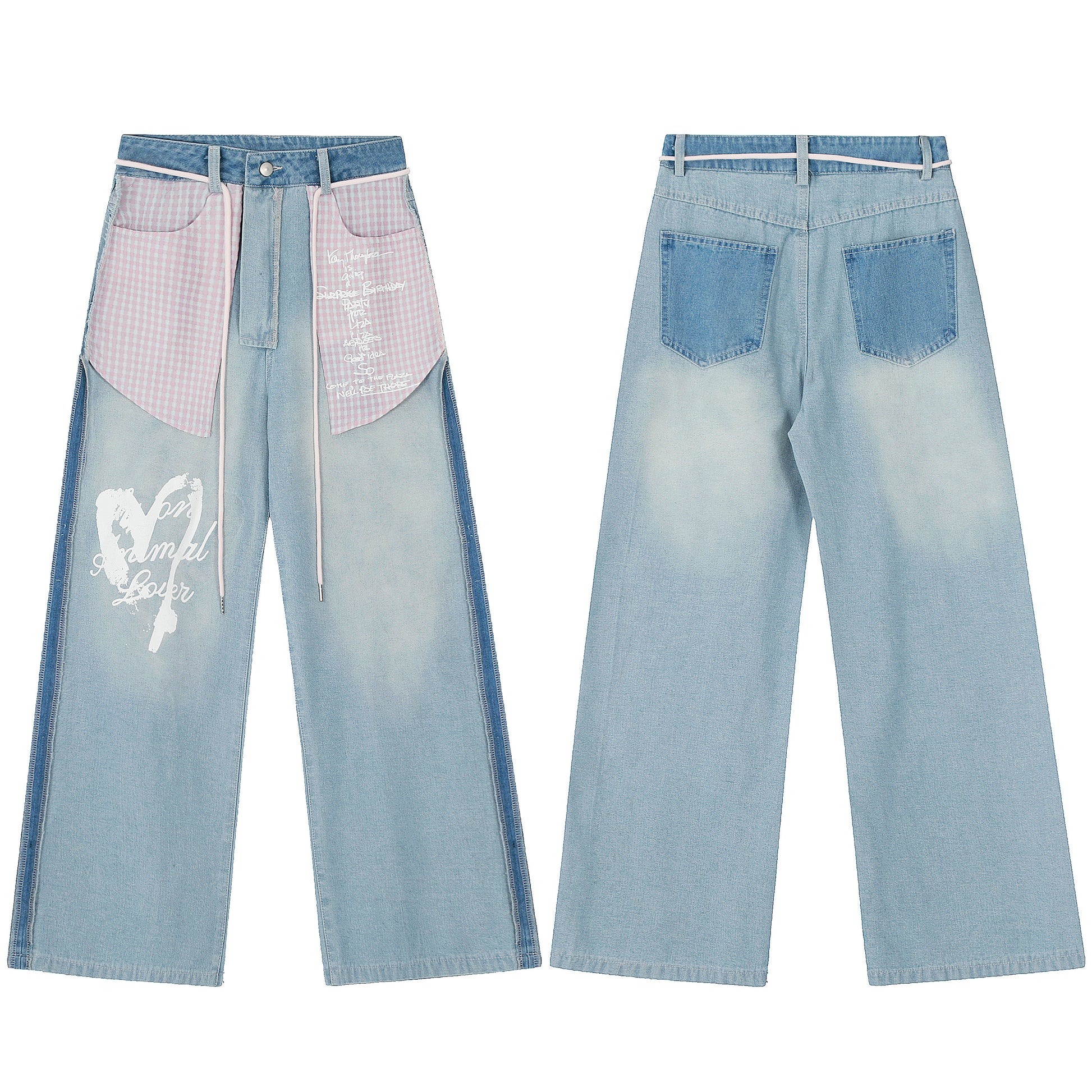 Pink Stripe Patchwork Heart Print Wide Leg Jeans - Light Blue Front and Back