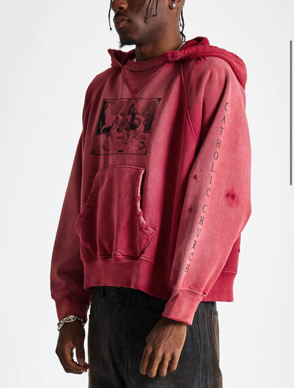 Enfants Riches Deprimes ERD Oklahoma City Church Afterhood Raglan Hoodie Washed Distressed Heavyweight Cotton Oversized Pullover Sweatshirt | Church After