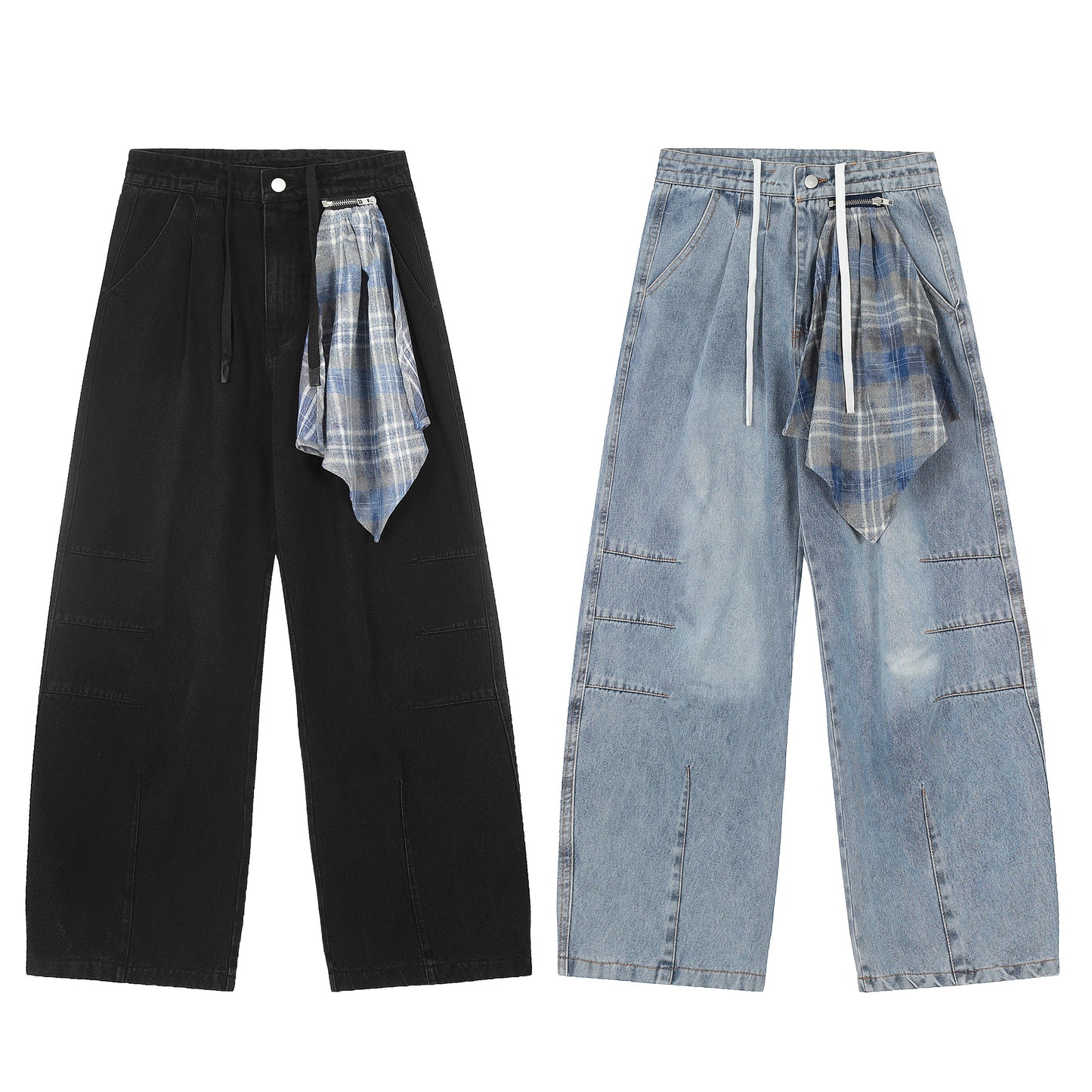 Plaid Scarf Waist Tie Wide Leg Jeans - Light Blue Front