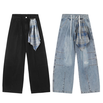 Plaid Scarf Waist Tie Drawstring Wide Leg Jeans Cargo Pocket Hem Slit Baggy Denim Y2K Streetwear