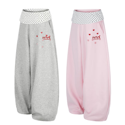 Women's Girls Club Conteng Embroidery Polka Dot Fold-Over Waistband Balloon Wide Leg Sweatpants Casual Sweet Jogger Pants