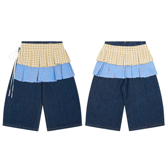Double Layer Plaid Pleated Skirt Hem Denim Shorts - Dark Navy Front and Back