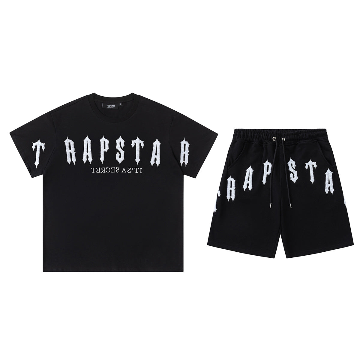 Trapstar unisex T-shirt and drawstring shorts set with bold logo graphics in black and white - view 1