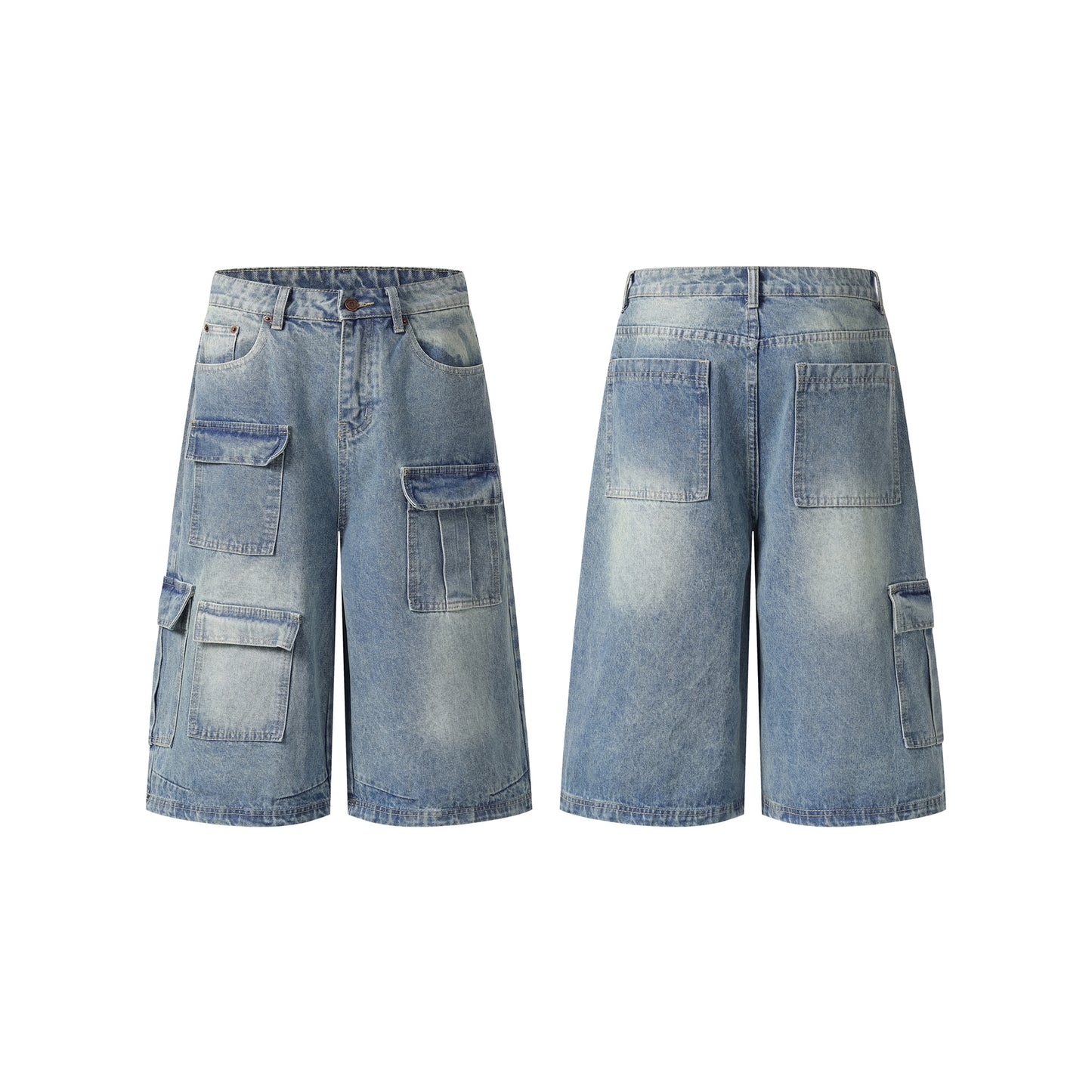 Multi-pocket cargo denim shorts front view
