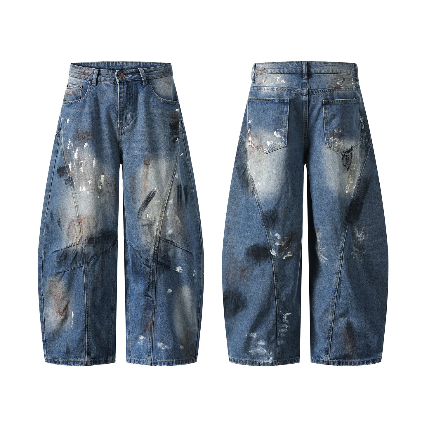 Paint splatter mud dye barrel jeans front and back view