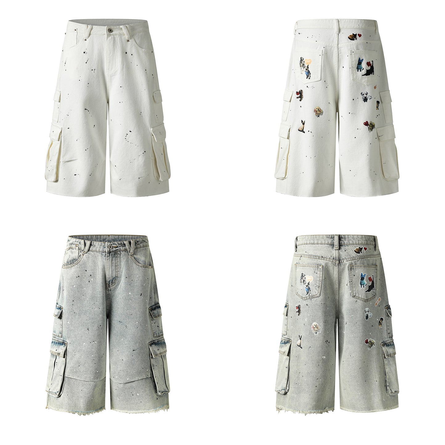 Dog graphic cargo denim shorts both colorways front and back