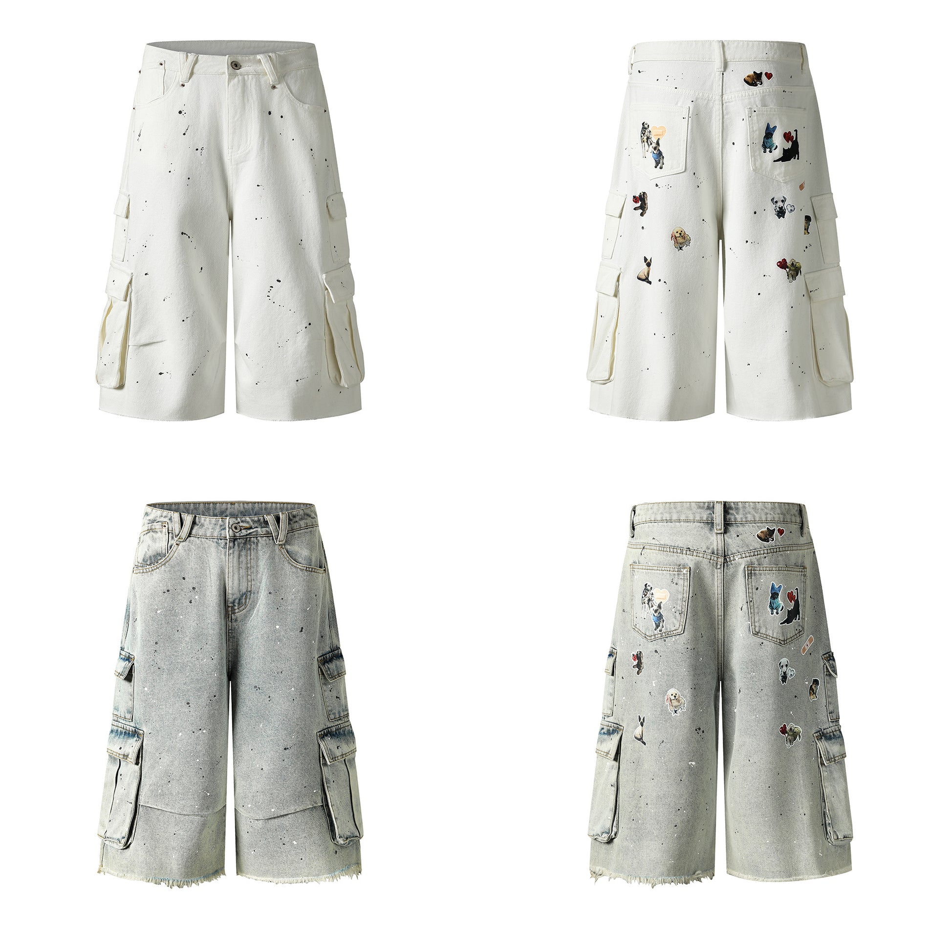 Dog graphic cargo denim shorts both colorways front and back
