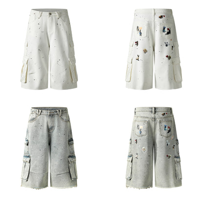 Dog Graphic Paint Splatter Cargo Denim Shorts Wide Leg High Waist Washed Multi-Pocket Streetwear Summer Casual Jean Shorts | Pup Cargo