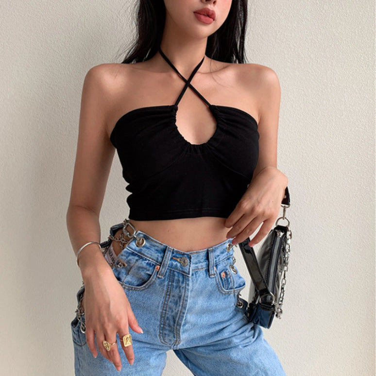 Summer New European and American small low-cut drawstring multi-wear halter vest women's figure-flattering belly-exposing short top