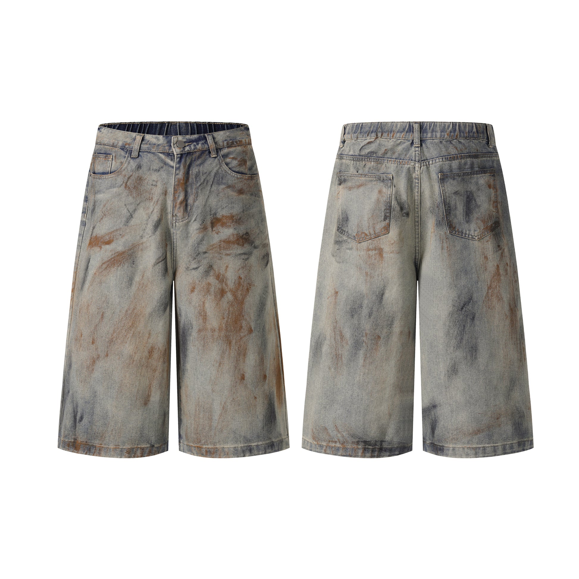 Mud dye wide leg denim shorts front and back view