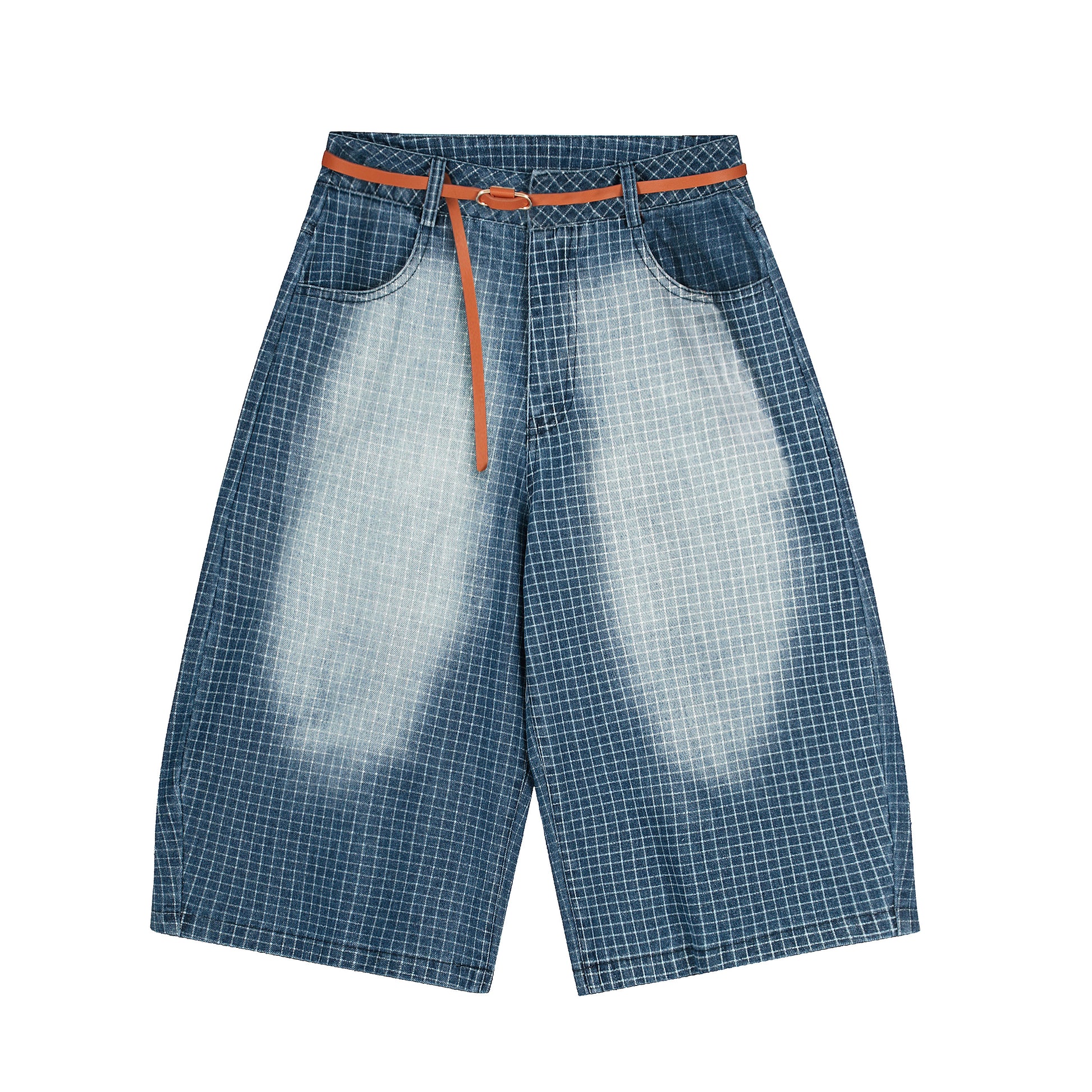 Grid Jacquard Washed Wide Leg Denim Shorts - Blue Front and Back Side by Side