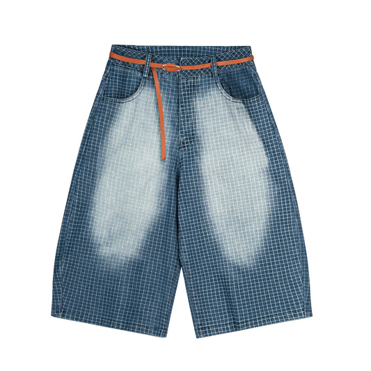 Grid Jacquard Washed Wide Leg Denim Shorts - Blue Front and Back Side by Side