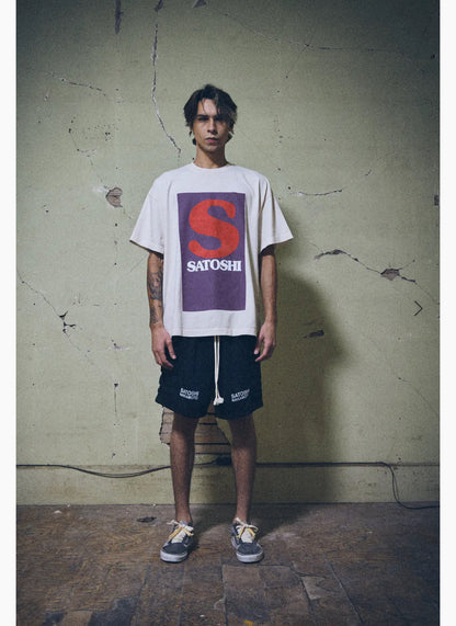 Satoshi Nakamoto SN Block Logo Dual Print Short Sleeve Tee Off-White 280g Washed Vintage Water Print Streetwear | SN Block Tee