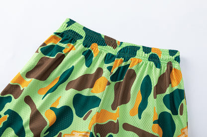 Camo Print Mesh Elastic Waist Athletic Shorts Colorblock Street Summer Beach Shorts | Lime Camo