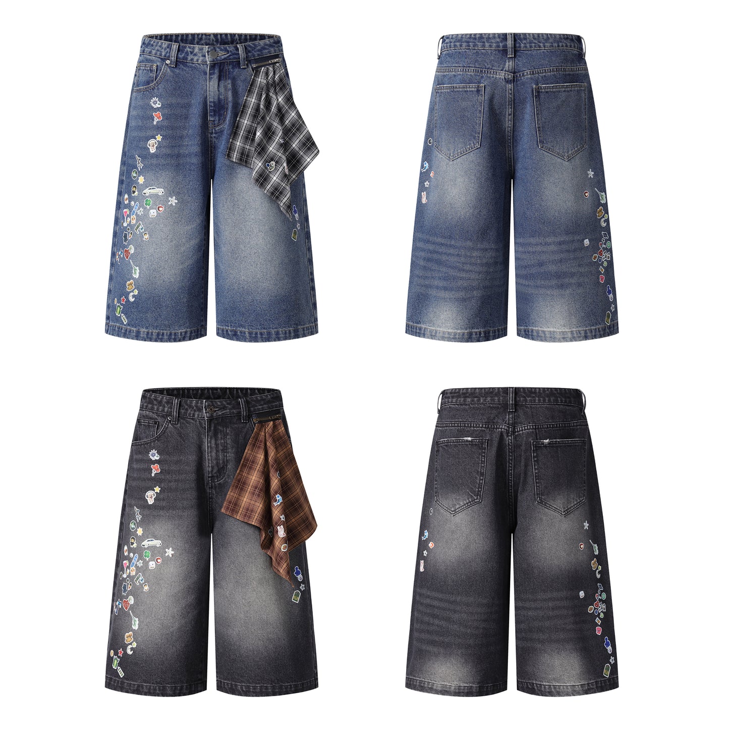 Sticker Hanky Cartoon Wide Leg Denim Shorts - Blue Front