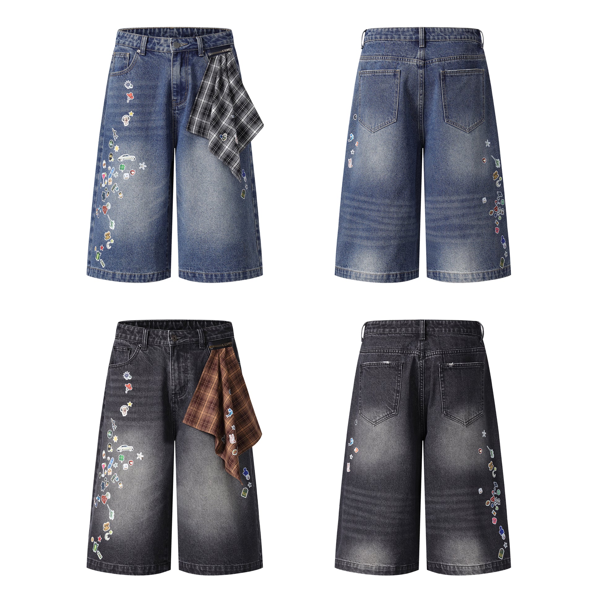 Sticker Hanky Cartoon Wide Leg Denim Shorts - Blue Front