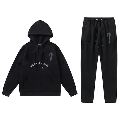 Trapstar Black and Gray Graphic Hoodie and Joggers Tracksuit Set, Two Piece Streetwear Outfit
