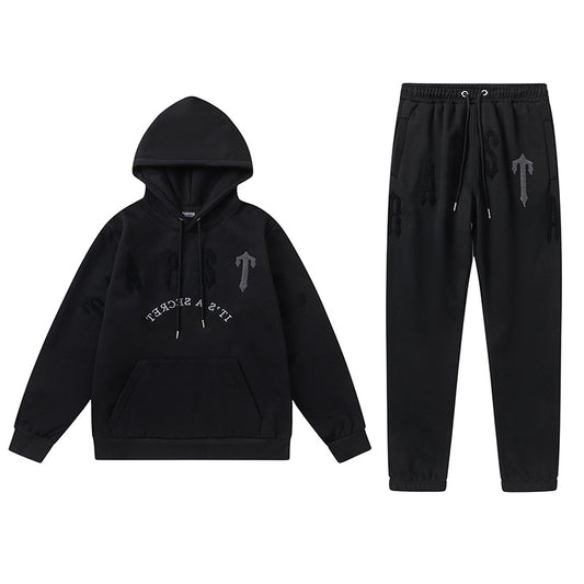 Trapstar black and gray graphic hoodie and joggers tracksuit set with applique lettering - view 1