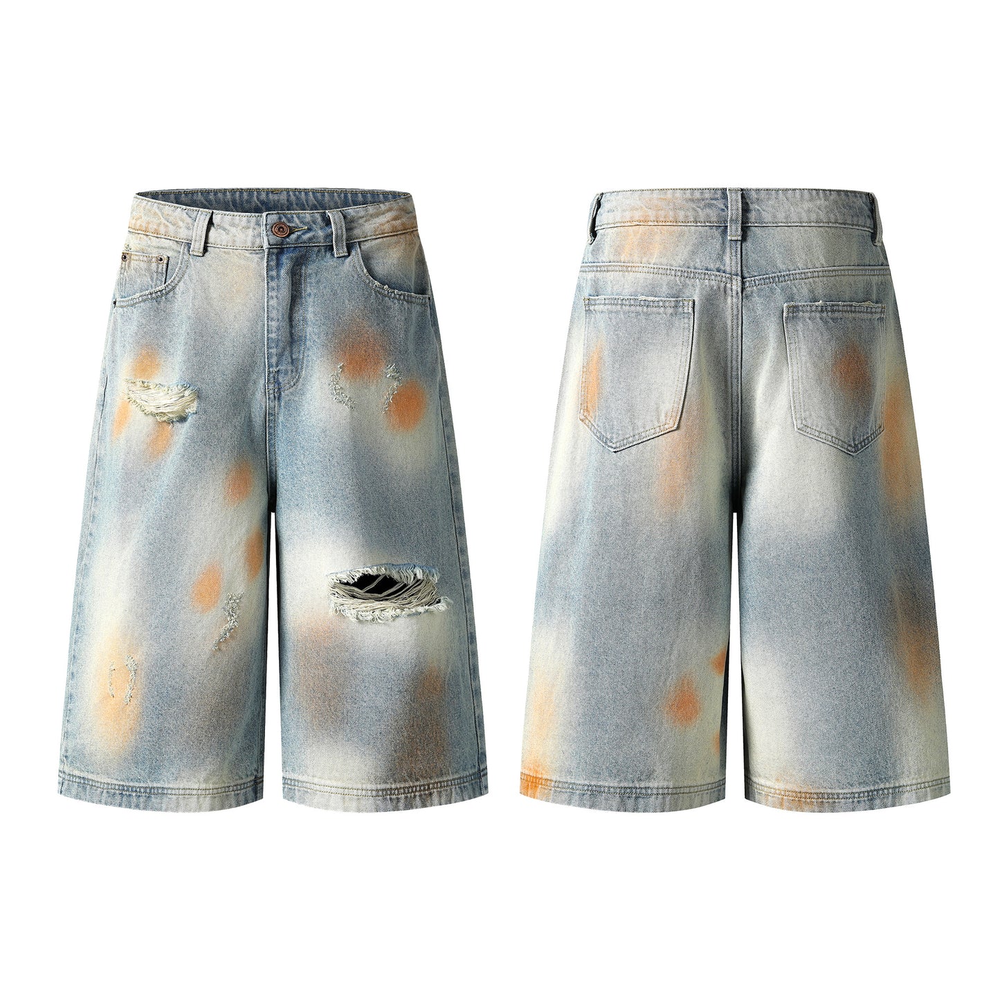 Tie-dye ripped denim shorts front and back view