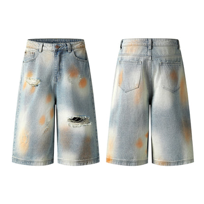 Tie-Dye Distressed Ripped Denim Shorts Wide Leg High Waist Washed Streetwear Summer Casual Jean Shorts | Rust Bloom