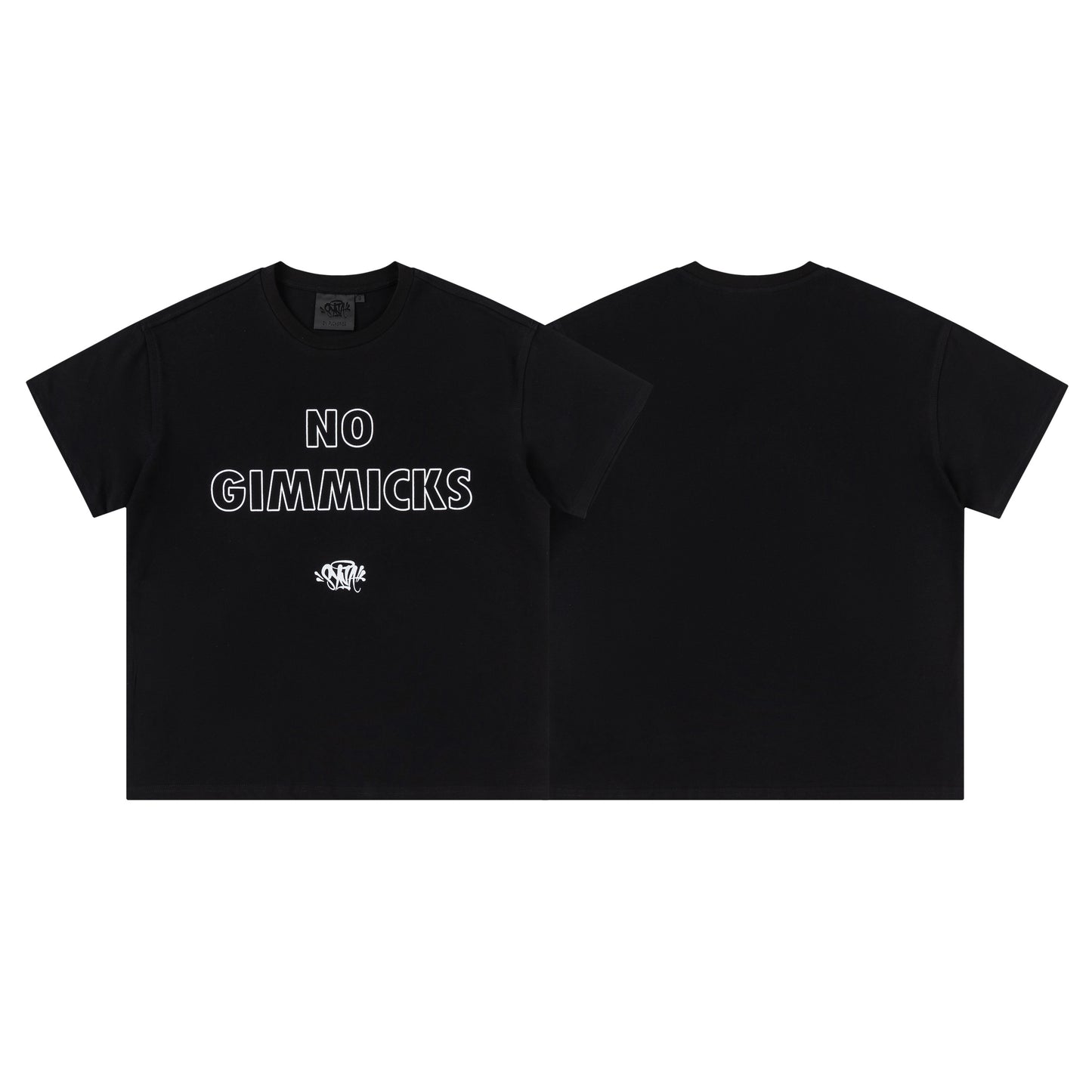 Black unisex crew neck T-shirt with outlined No Gimmicks graphic on front - view 1