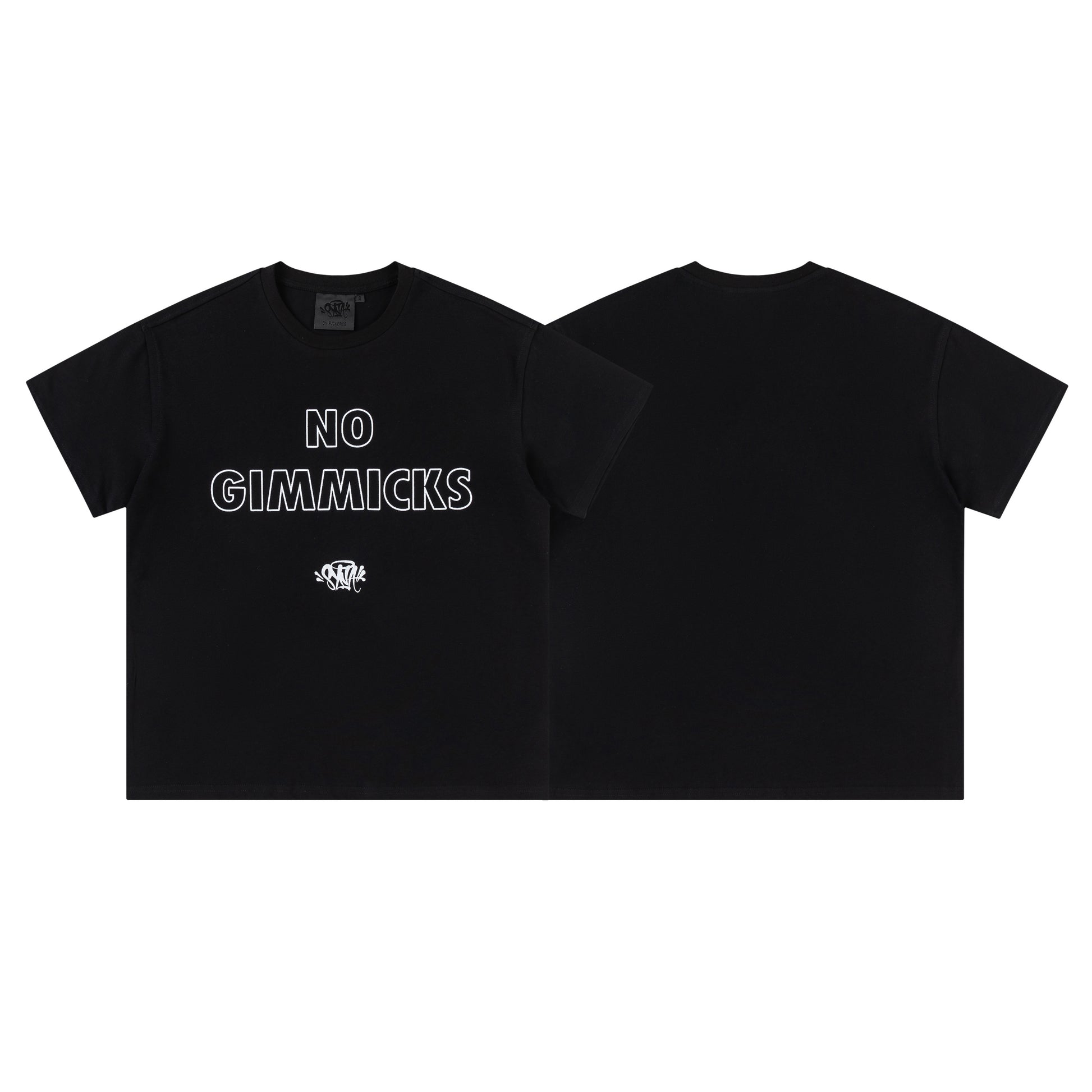 Black unisex crew neck T-shirt with outlined No Gimmicks graphic on front - view 1