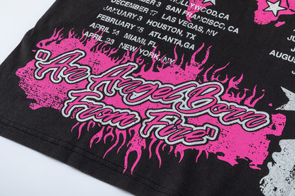 Flame Graphic Tee Pink Fire Angel Print Oversized Black Cotton Streetwear Casual Summer T-Shirt | Angel Fire