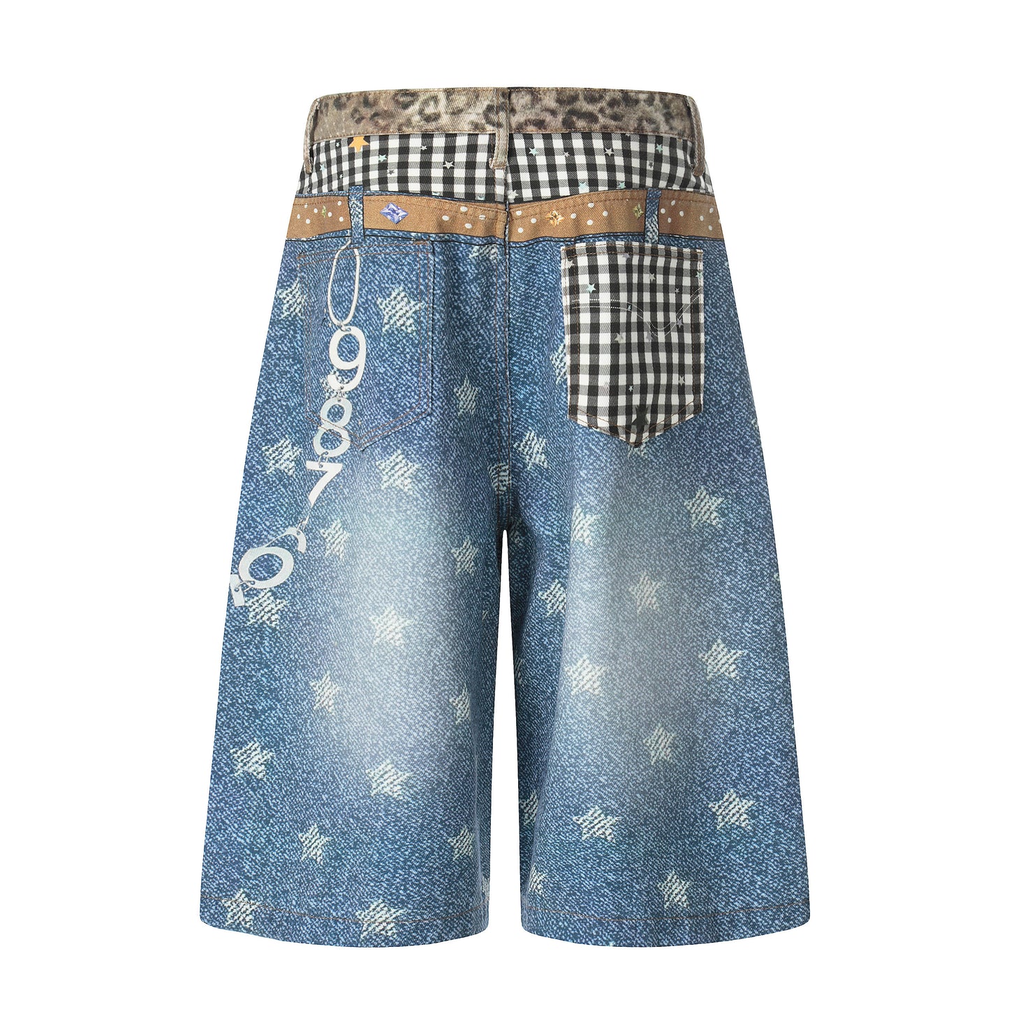 Women's Leopard Gingham Patchwork Star Print Wide Leg Denim Shorts - Front View