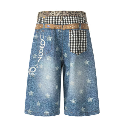 Women's Leopard Gingham Patchwork Star Print Number Embroidery High Waist Wide Leg Denim Shorts Y2K Streetwear Bermuda Jean Shorts