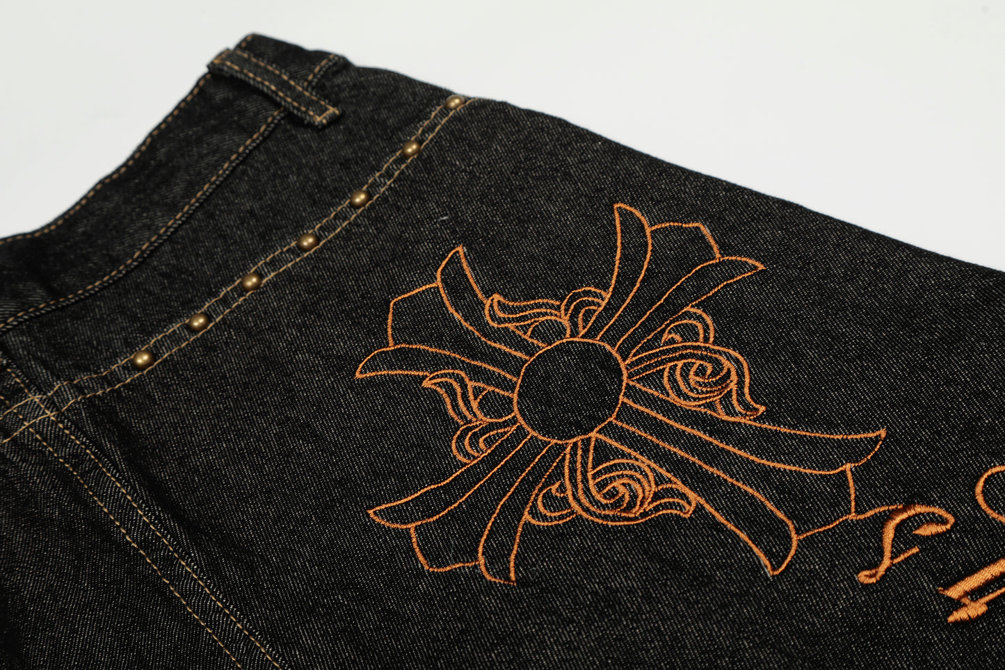 Gothic Cross Forever Embroidery Leopard Pocket Wide Leg Barrel Jeans High Waist Y2K Streetwear Denim