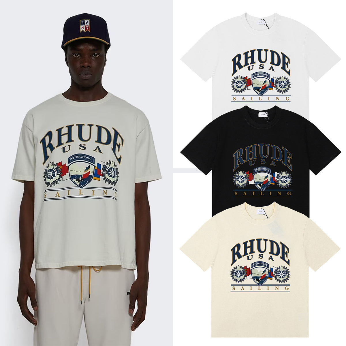 编号50189，美潮Rhude USA Sailing印花高品质双纱纯棉短袖T恤男女11 - 1