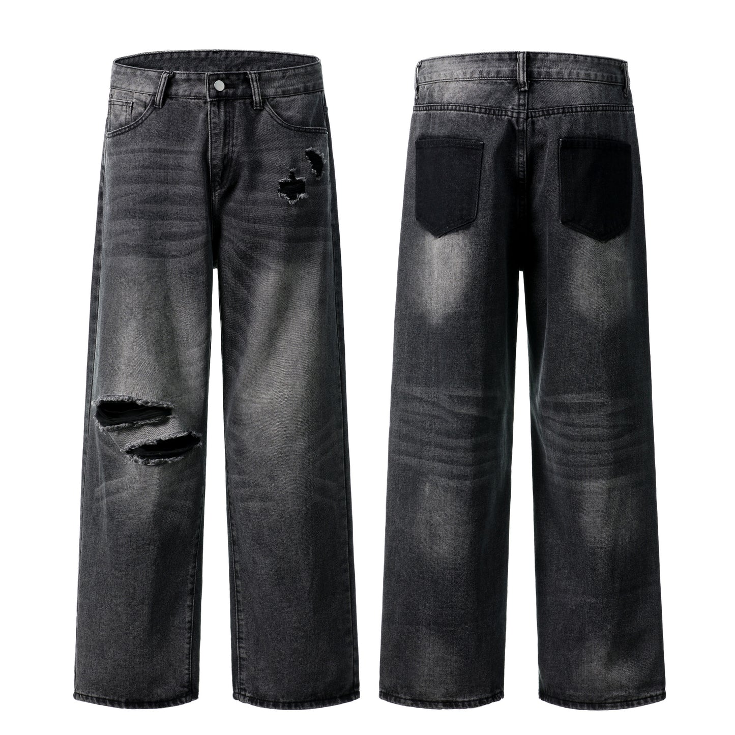 Distressed ripped wide leg jeans washed black front and back view