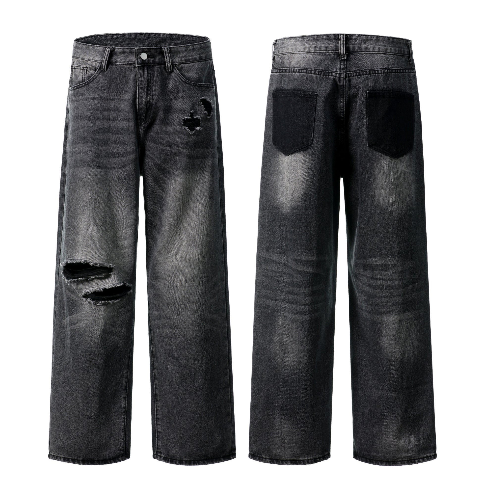 Distressed ripped wide leg jeans washed black front and back view