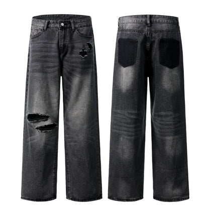 Distressed Ripped Wide Leg Jeans High Waist Washed Black Sandy Fade Black Patch Pocket Streetwear Denim Trousers | Void Rip