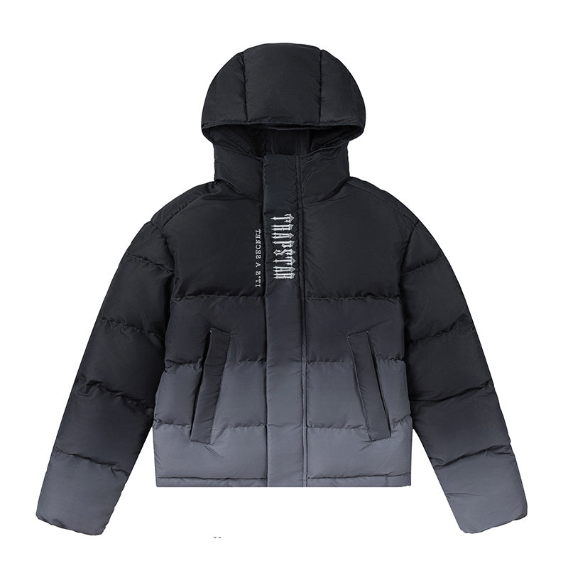 Trapstar black and gray hooded puffer jacket with quilted panels, full zip closure, and front pockets - view 1