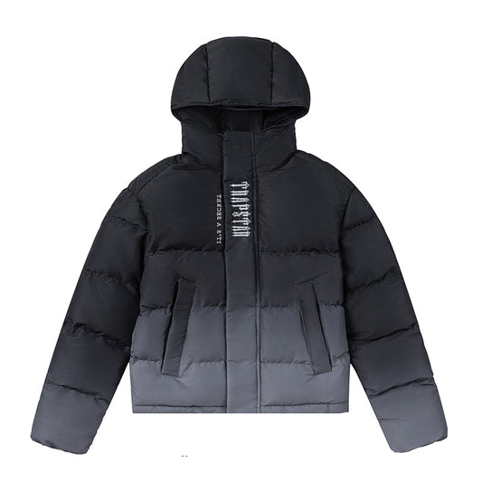 Trapstar black and gray hooded puffer jacket with quilted panels, full zip closure, and front pockets - view 1