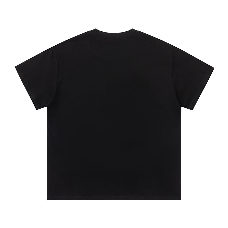Black short sleeve crew neck T-shirt with light blue graffiti-style chest graphic - view 1