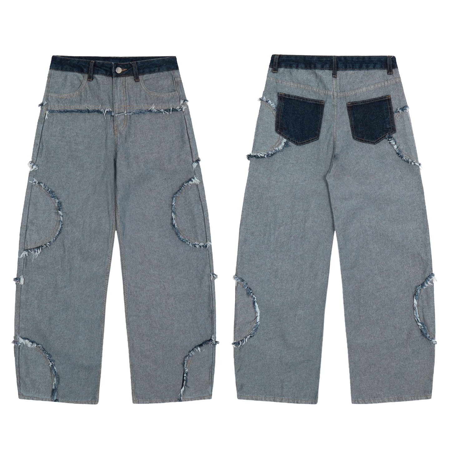 Dark Navy Waistband Raw Edge Arc Cutout Wide Leg Jeans - Grey Blue Front and Back