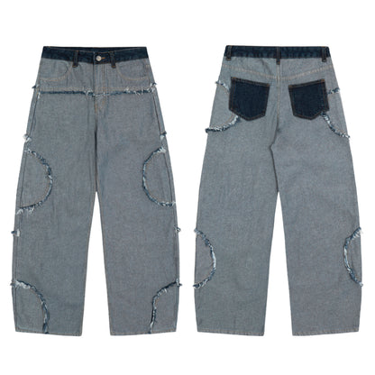 Dark Navy Waistband Raw Edge Arc Cutout Patchwork Baggy Wide Leg Jeans Deconstructed Y2K