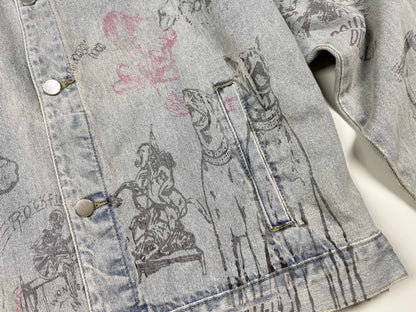 Represent Sketch Allover Print Denim Jacket Heavy Washed Distressed Oversized Short Trucker Streetwear | Rept Sketch