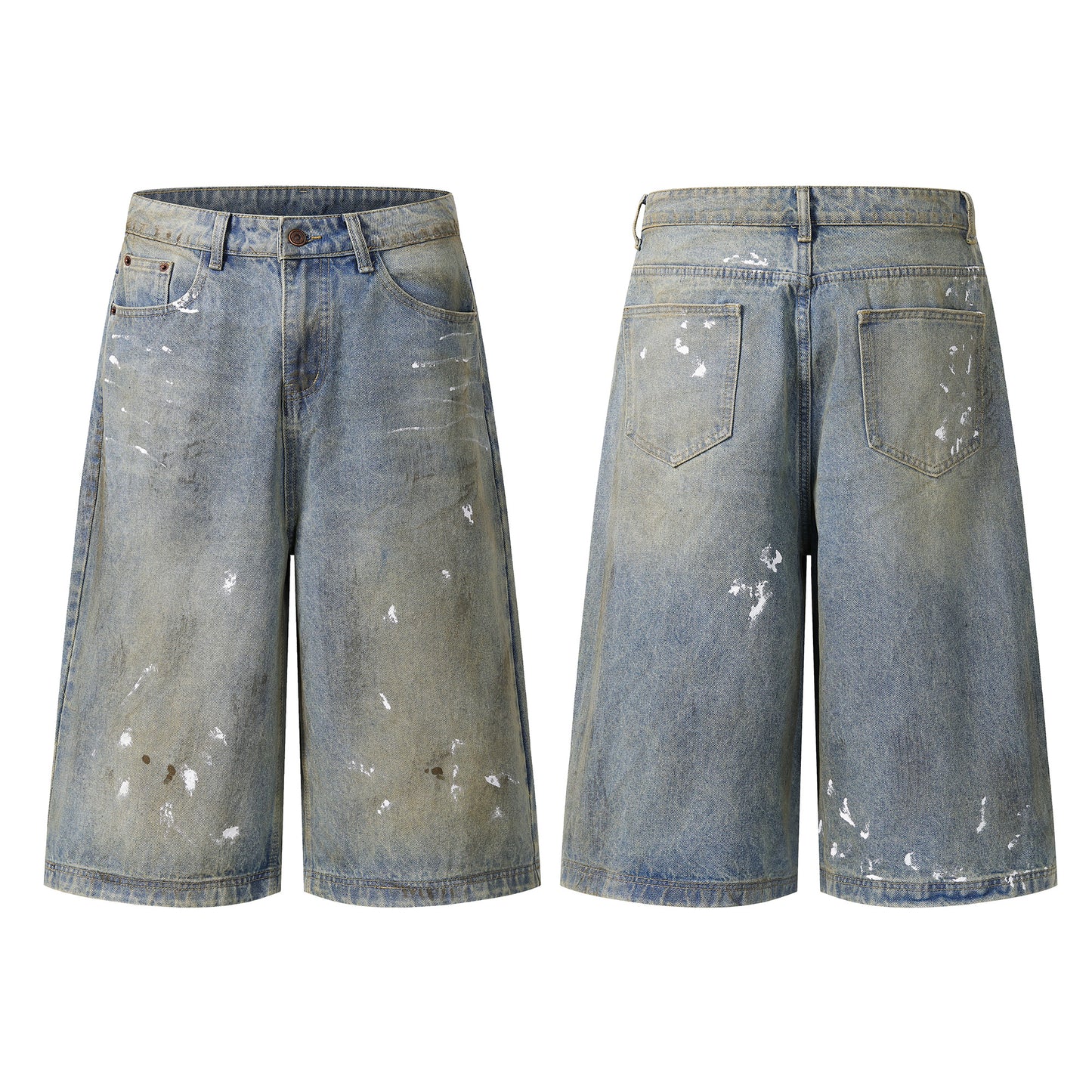 Paint splatter wide leg denim shorts front and back view